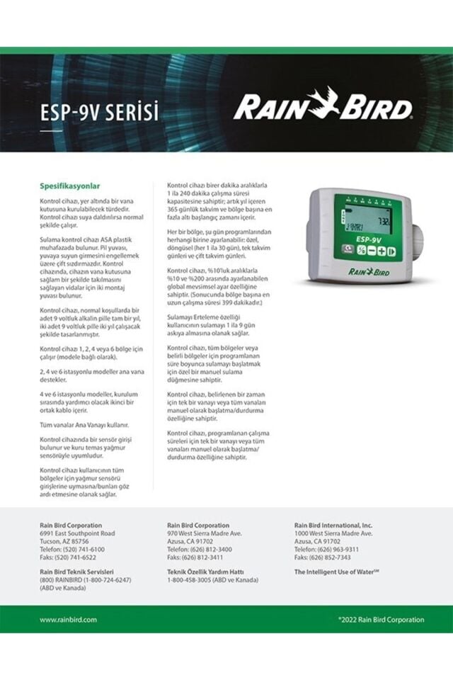 RAINBIRD ESP-9V 1 İST. PİLLİ KONT.ÜNİTESİ F48351